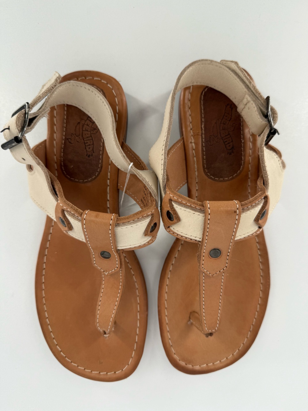 freebird Tan and Cream Leather T-Strap Sandals